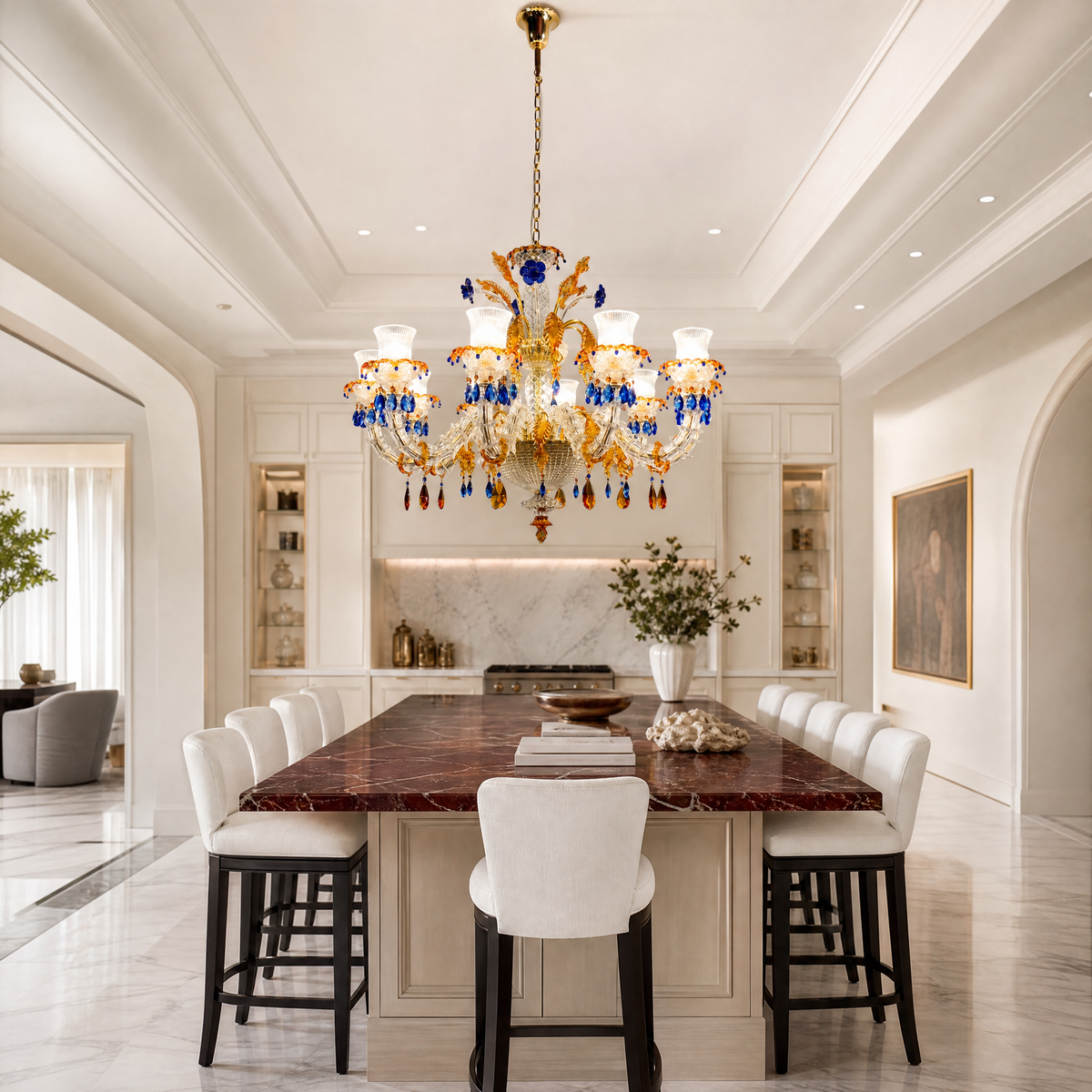 10-Light Blue and Amber Floral Glass Chandelier