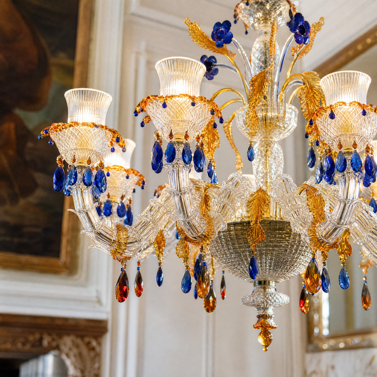 10-Light Blue and Amber Floral Glass Chandelier