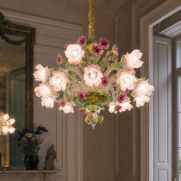 10-Light Pink and Purple Floral Glass Chandelier