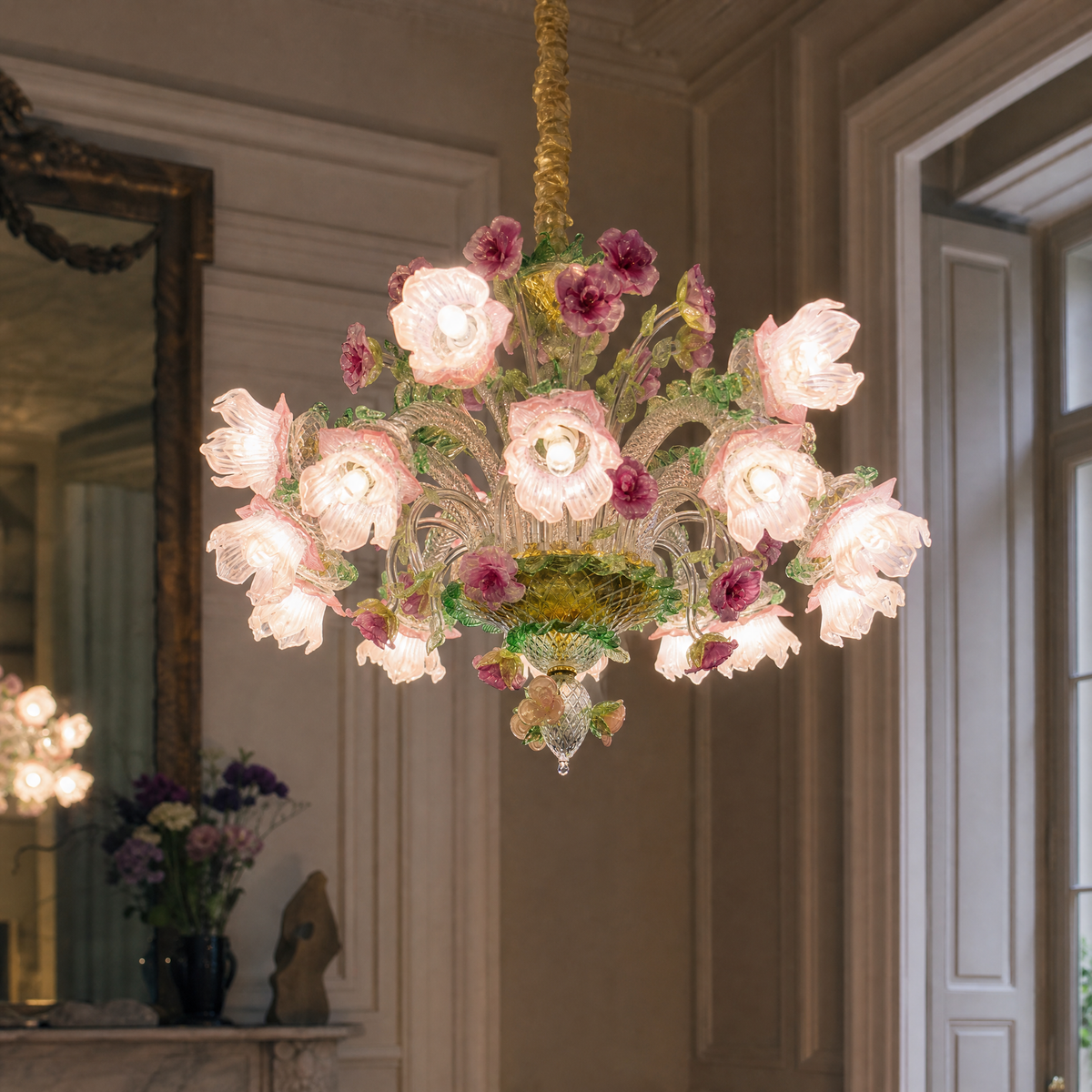 10-Light Pink and Purple Floral Glass Chandelier