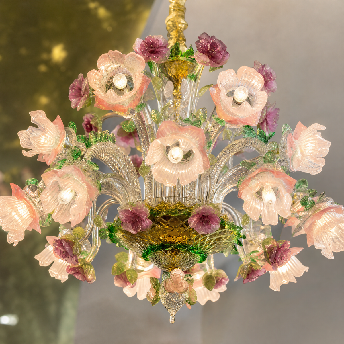 10-Light Pink and Purple Floral Glass Chandelier