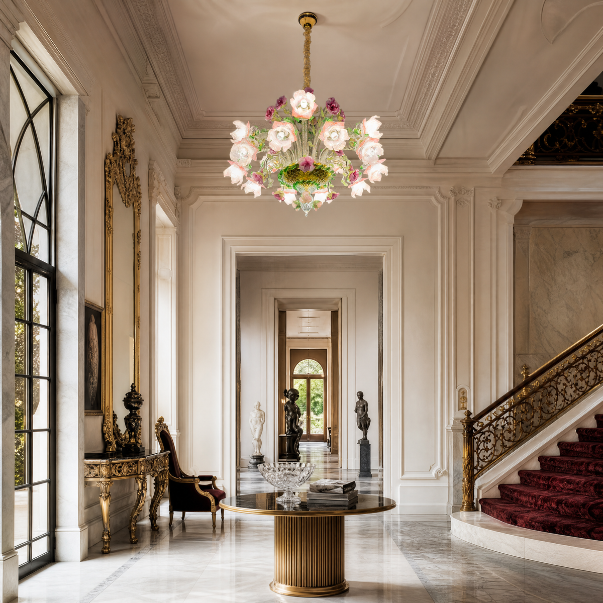 10-Light Pink and Purple Floral Glass Chandelier