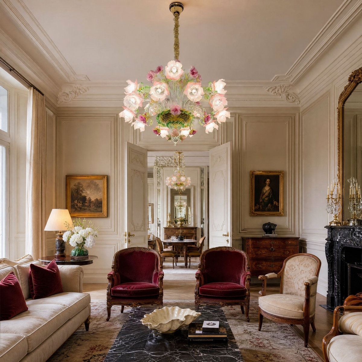 10-Light Pink and Purple Floral Glass Chandelier