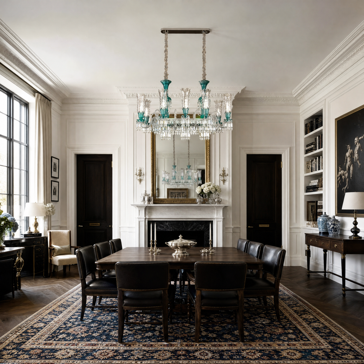 10-Light Teal Tulip Glass Linear Chandelier