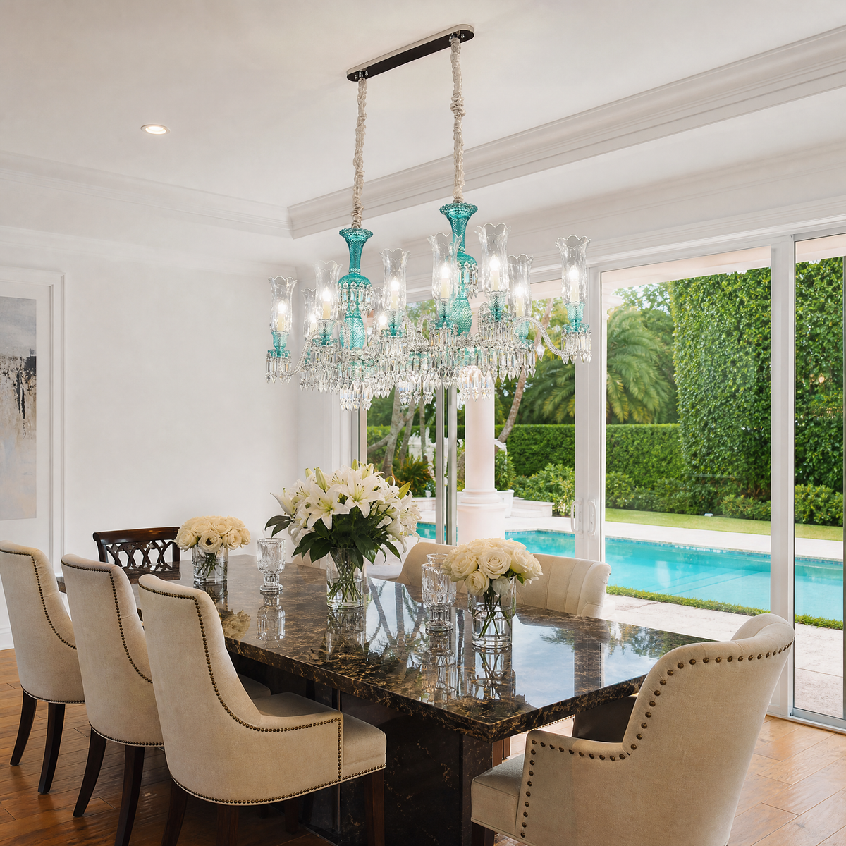 10-Light Teal Tulip Glass Linear Chandelier