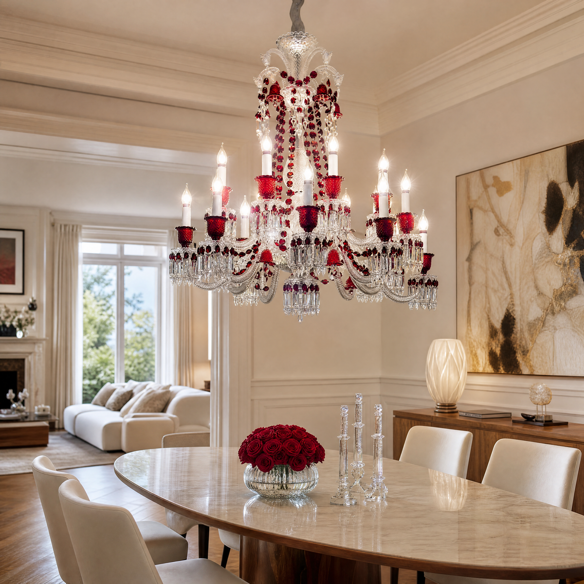 12-Light Candle Red Glass Crystal Chandelier