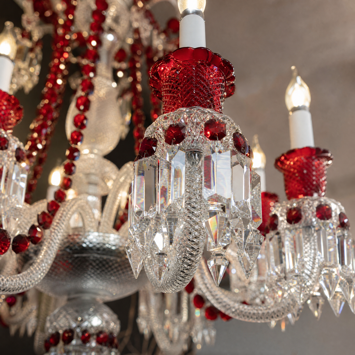 12-Light Candle Red Glass Crystal Chandelier