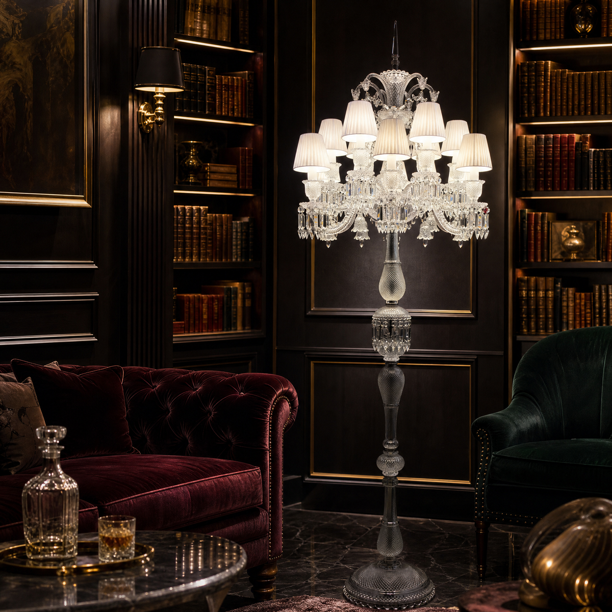 12-Light Fabric Shade Crystal Textured Glass Floor Lamp