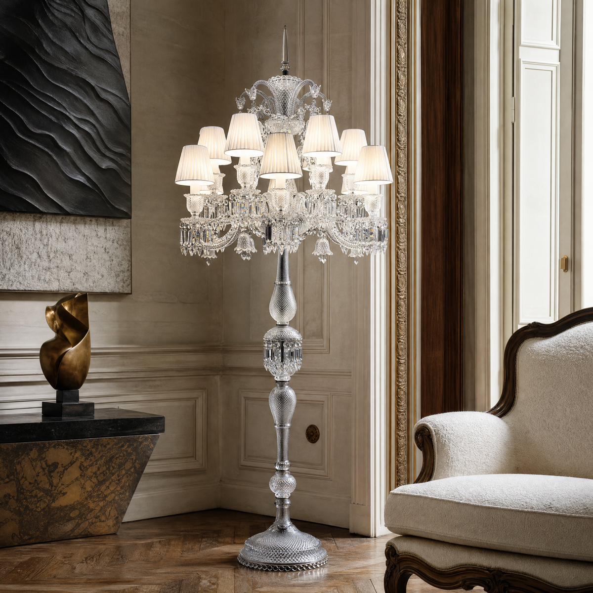 12-Light Fabric Shade Crystal Textured Glass Floor Lamp