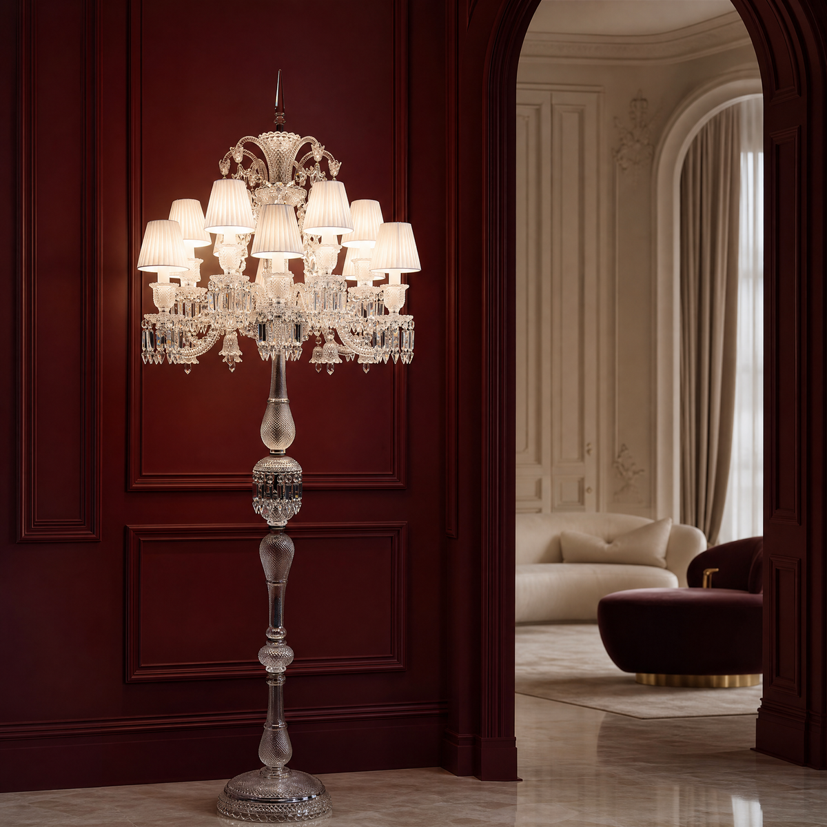12-Light Fabric Shade Crystal Textured Glass Floor Lamp