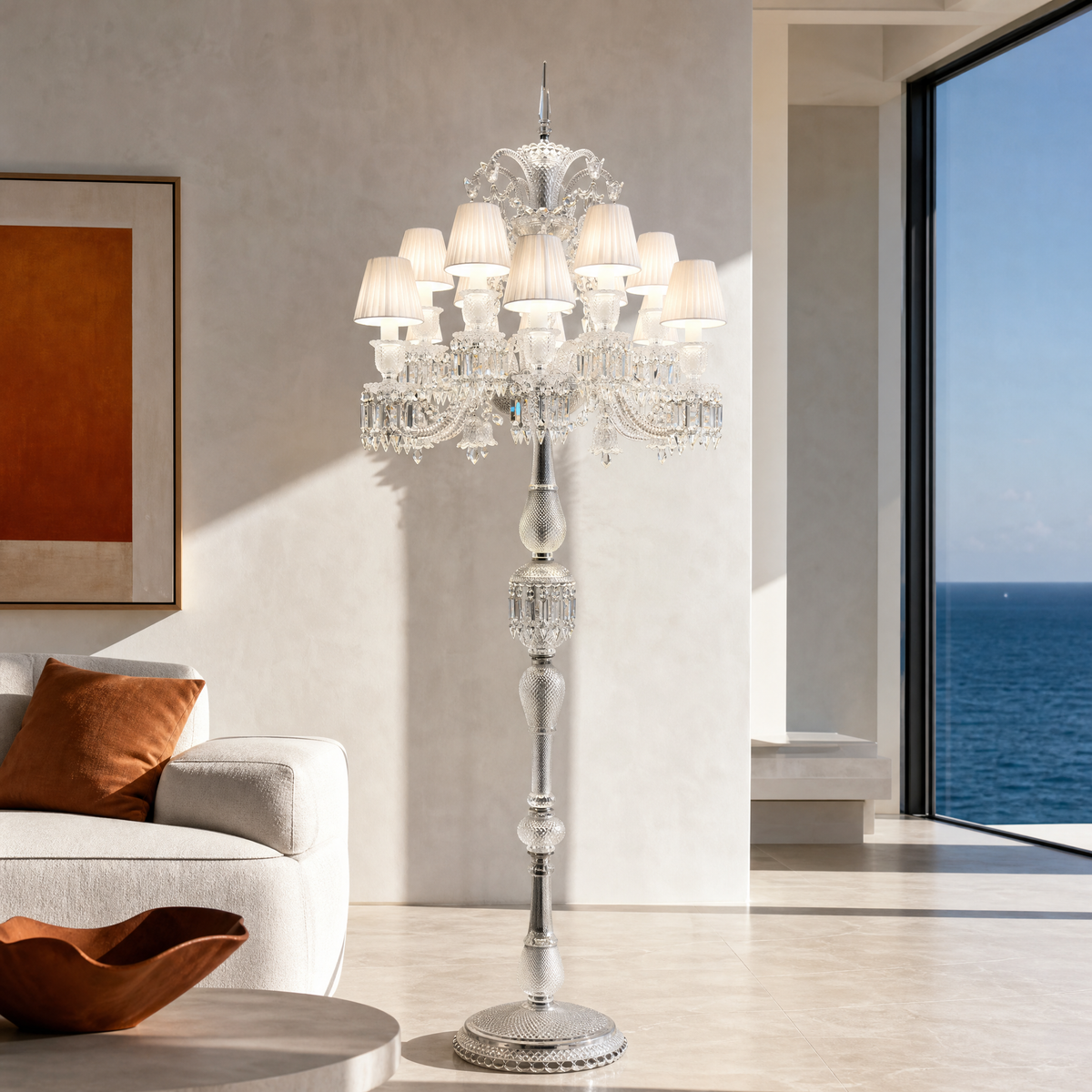 12-Light Fabric Shade Crystal Textured Glass Floor Lamp