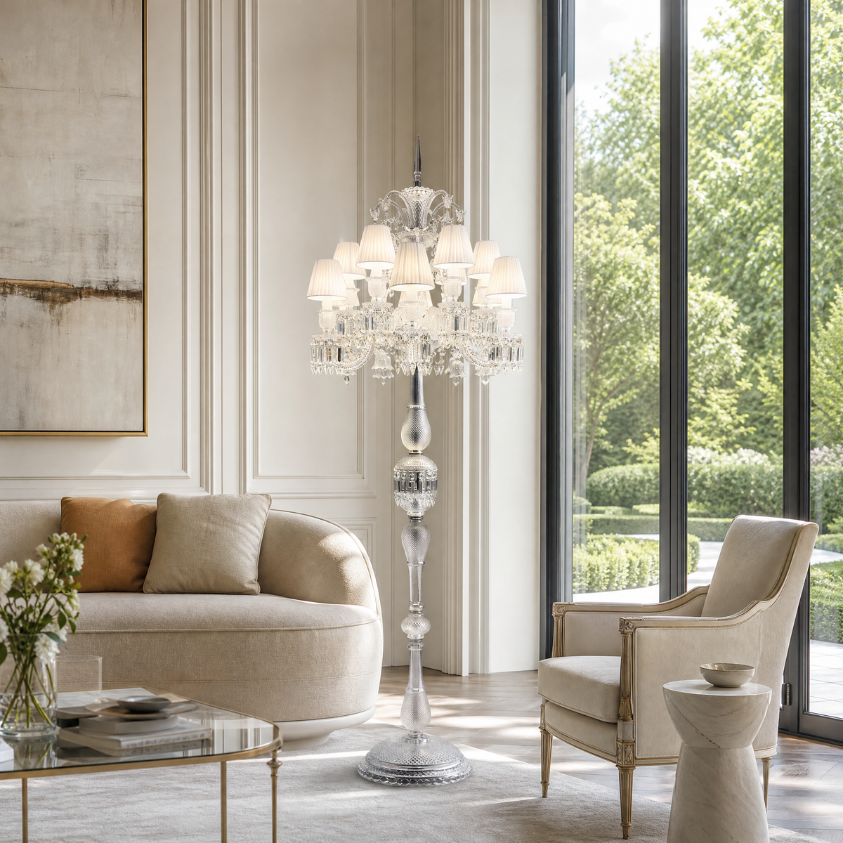 12-Light Fabric Shade Crystal Textured Glass Floor Lamp