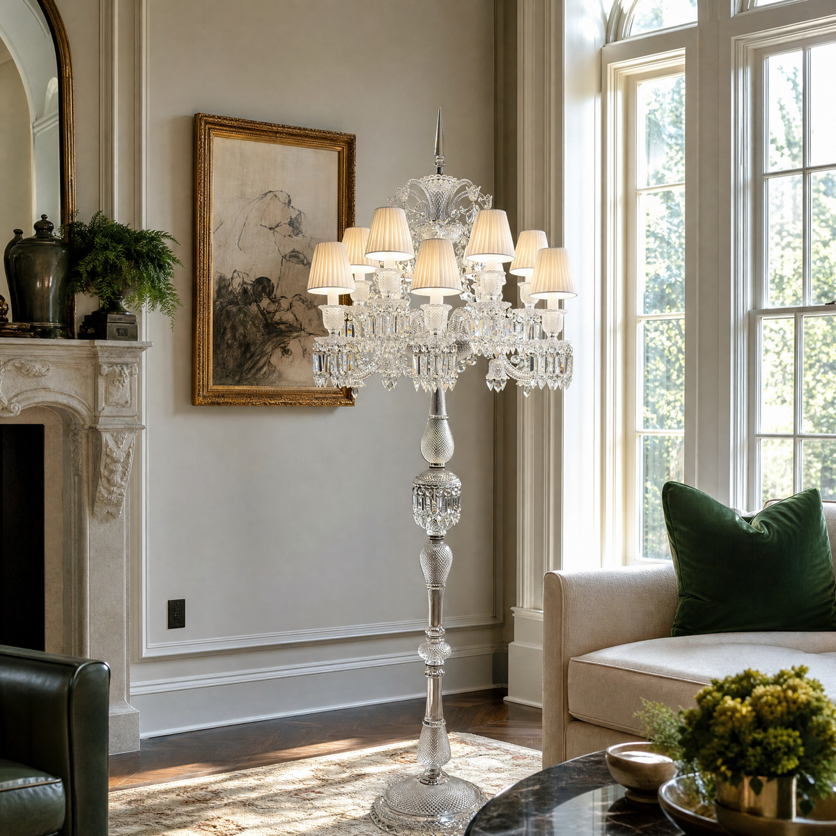 12-Light Fabric Shade Crystal Textured Glass Floor Lamp