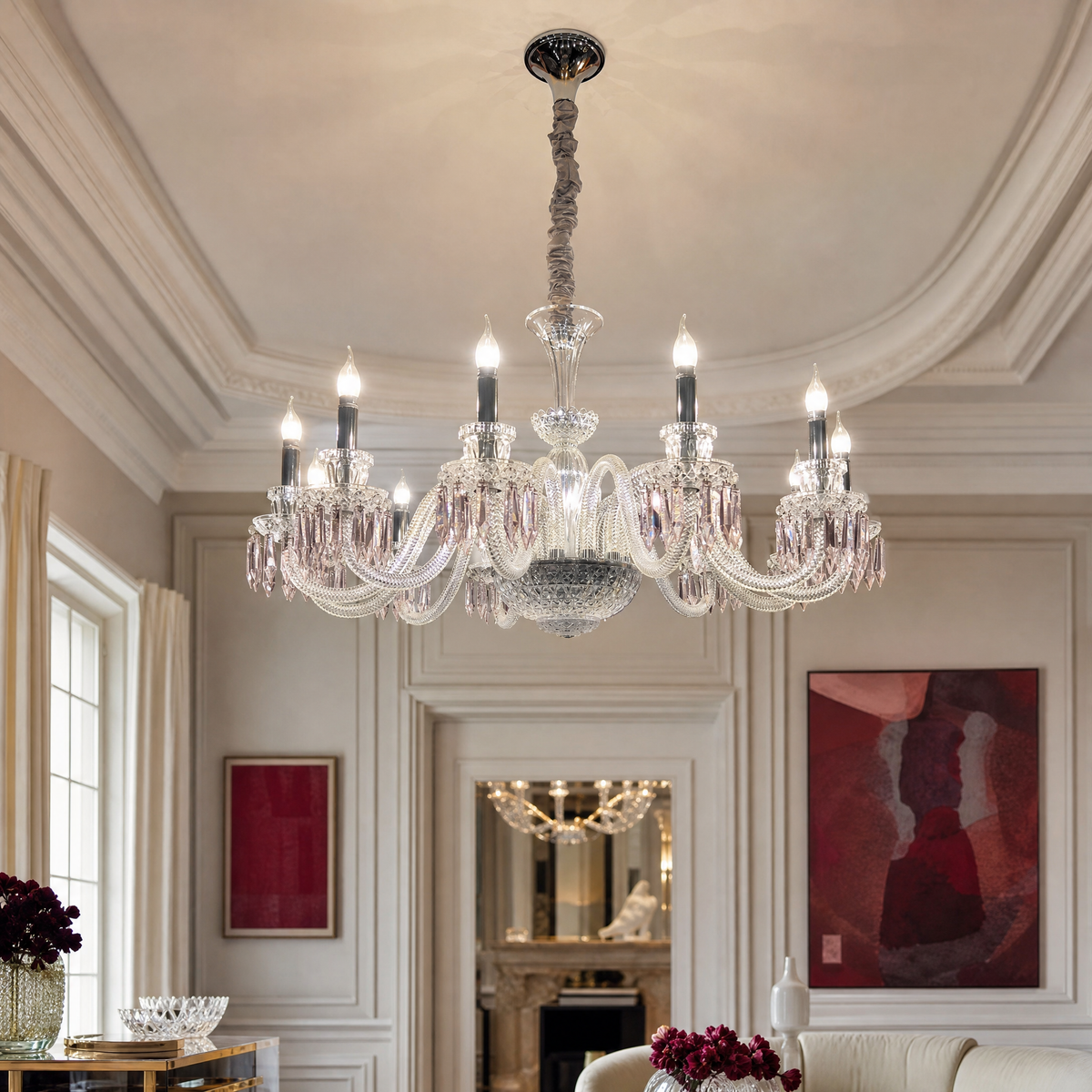 12-Light Pink Crystal Candle Coiled Glass Chandelier