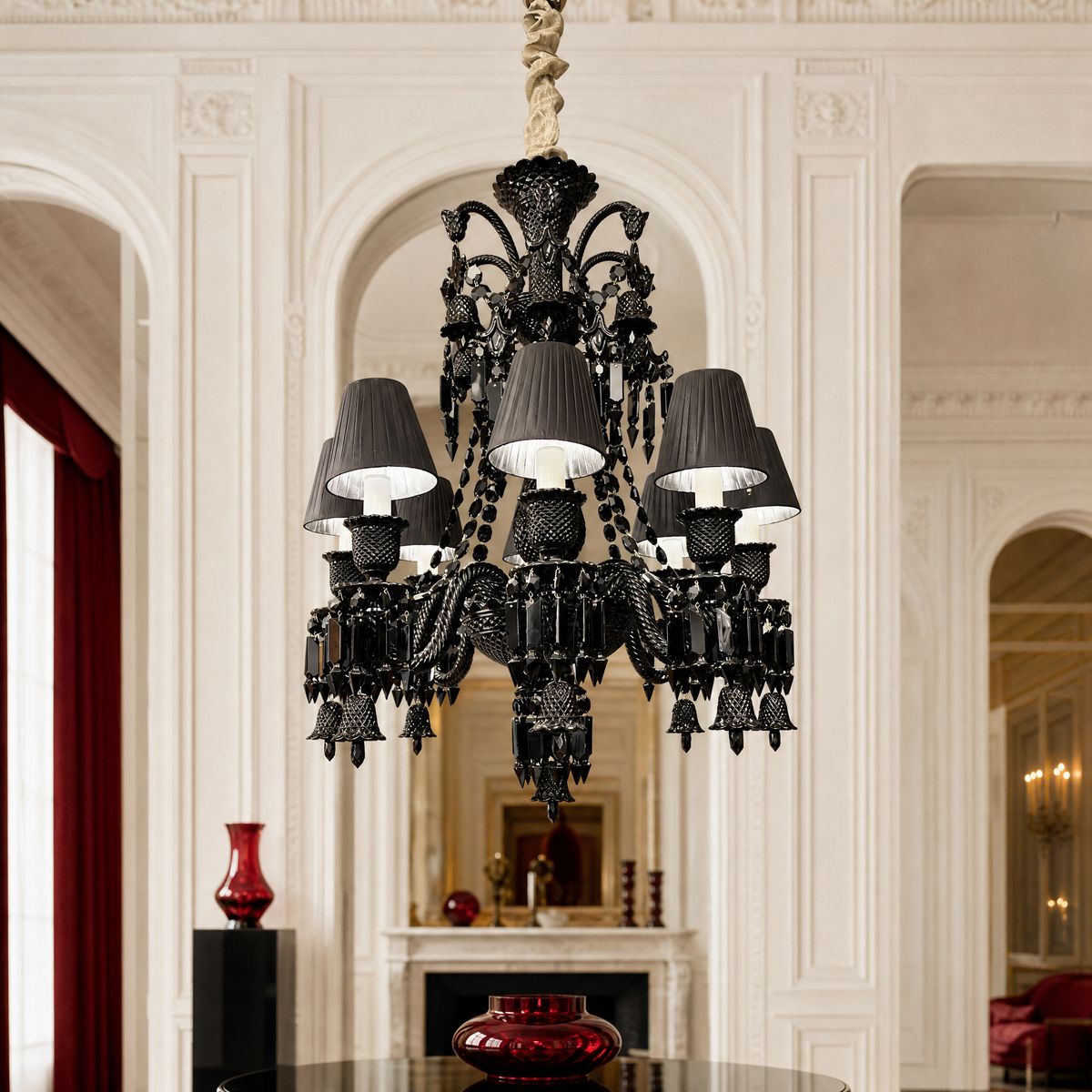 12-Light Tiered Black Shade Prism Glass Chandelier