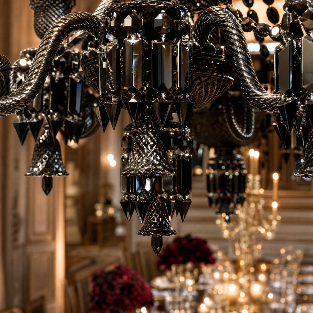 12-Light Tiered Black Shade Prism Glass Chandelier
