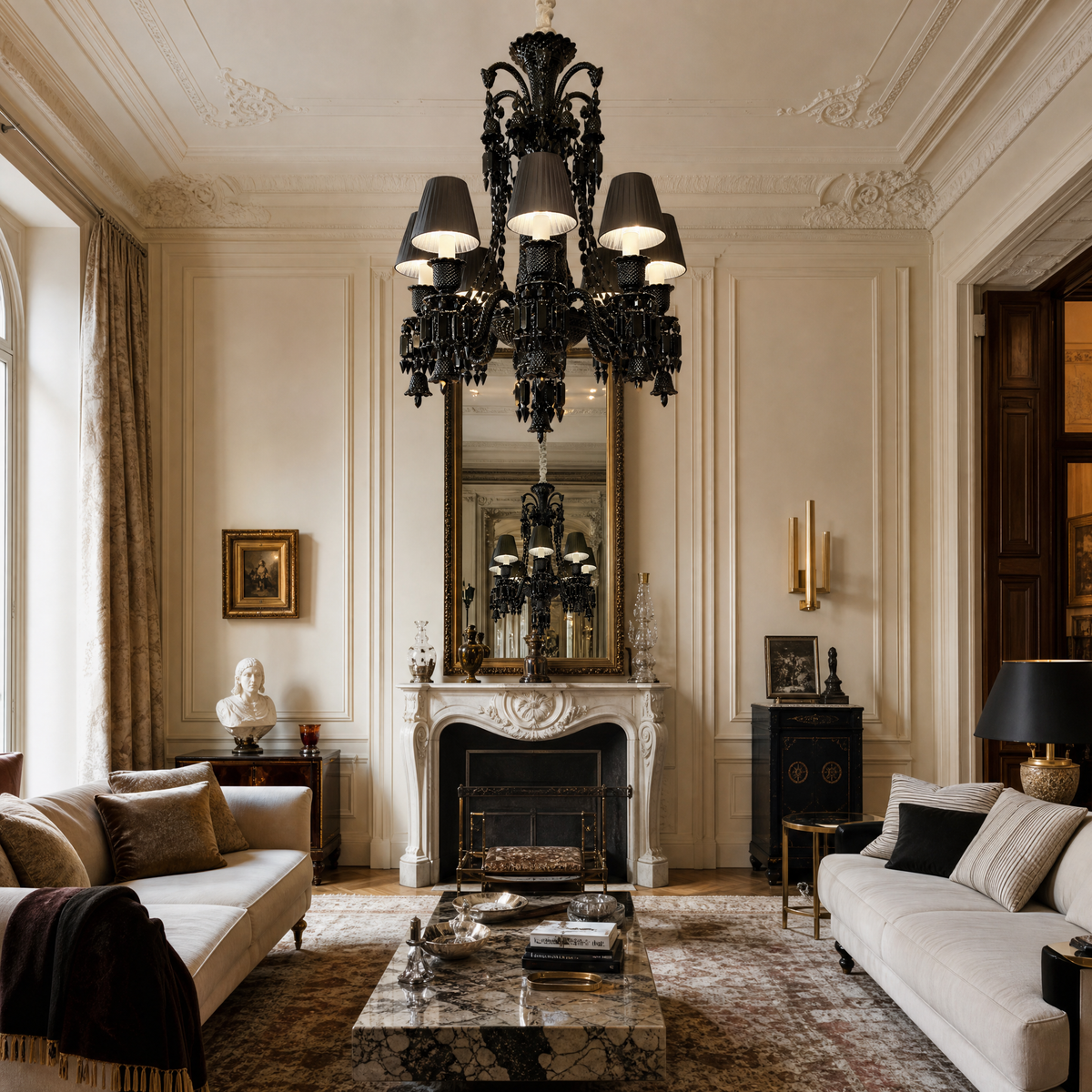 12-Light Tiered Black Shade Prism Glass Chandelier