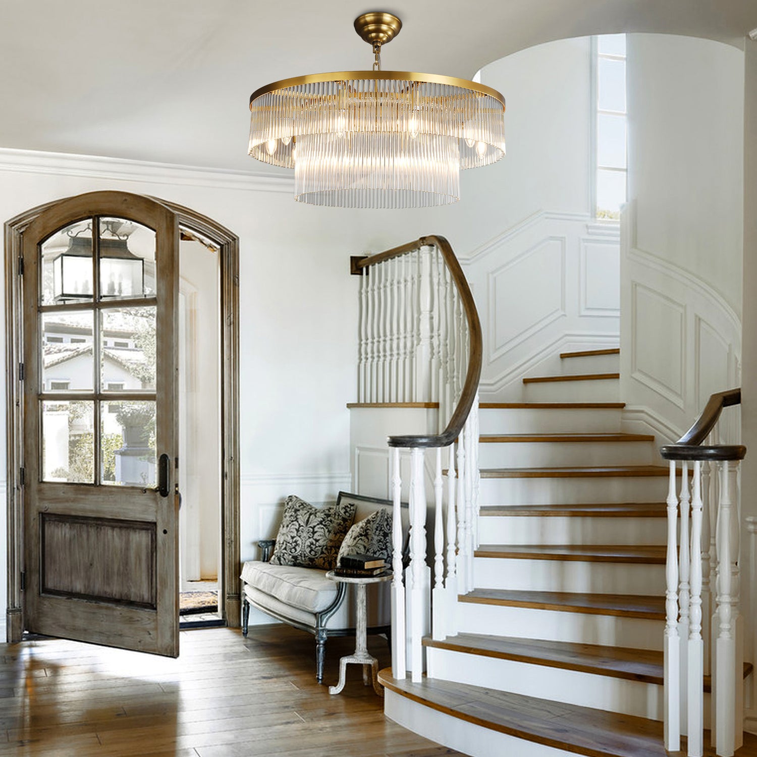 Two-Tier Striped Column Round Pendant D800 - Gold