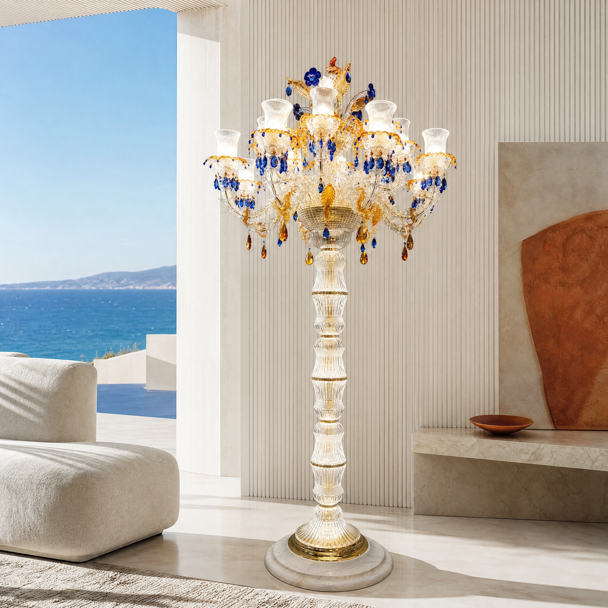 14-Light Blue Amber Floral Glass Floor Lamp