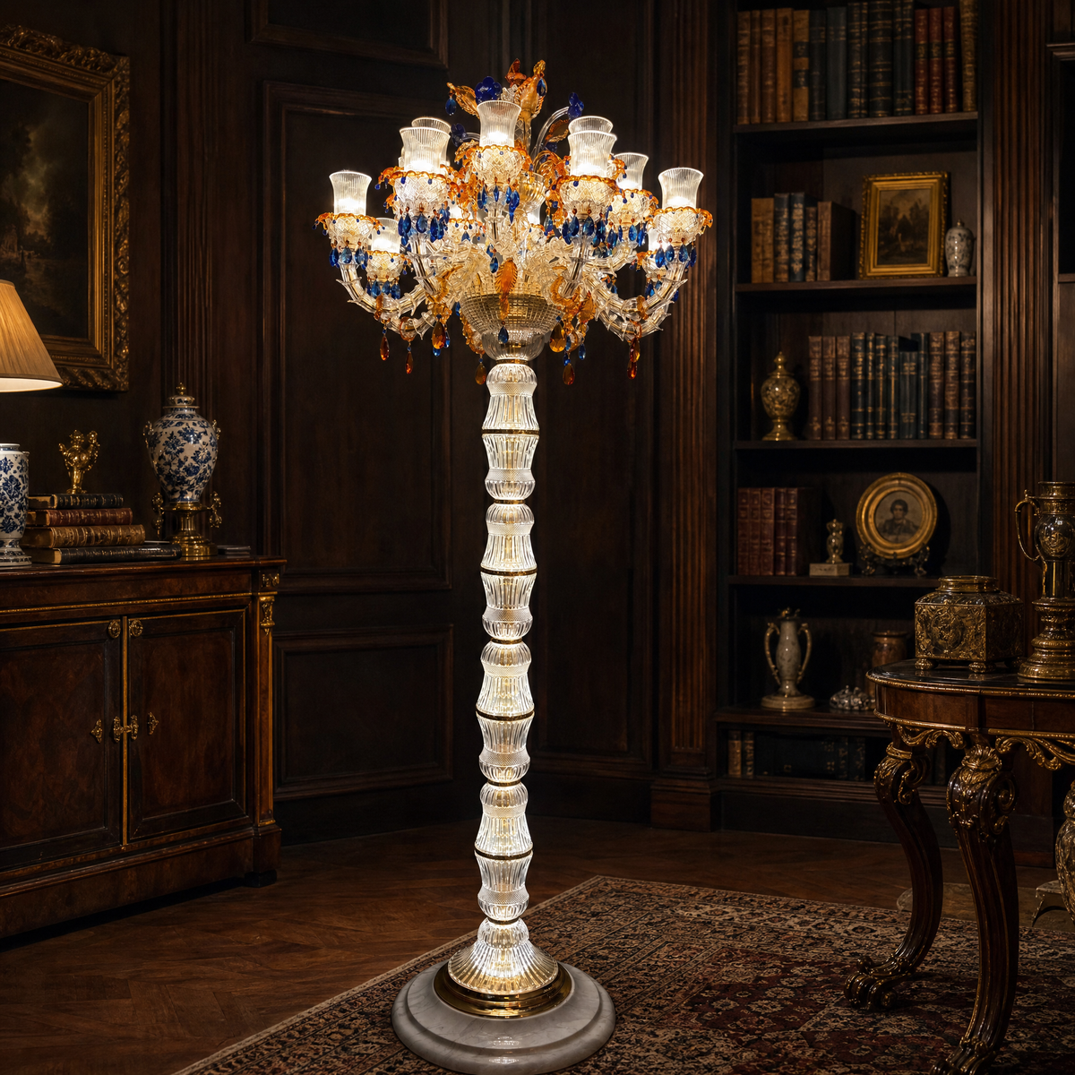 14-Light Blue Amber Floral Glass Floor Lamp