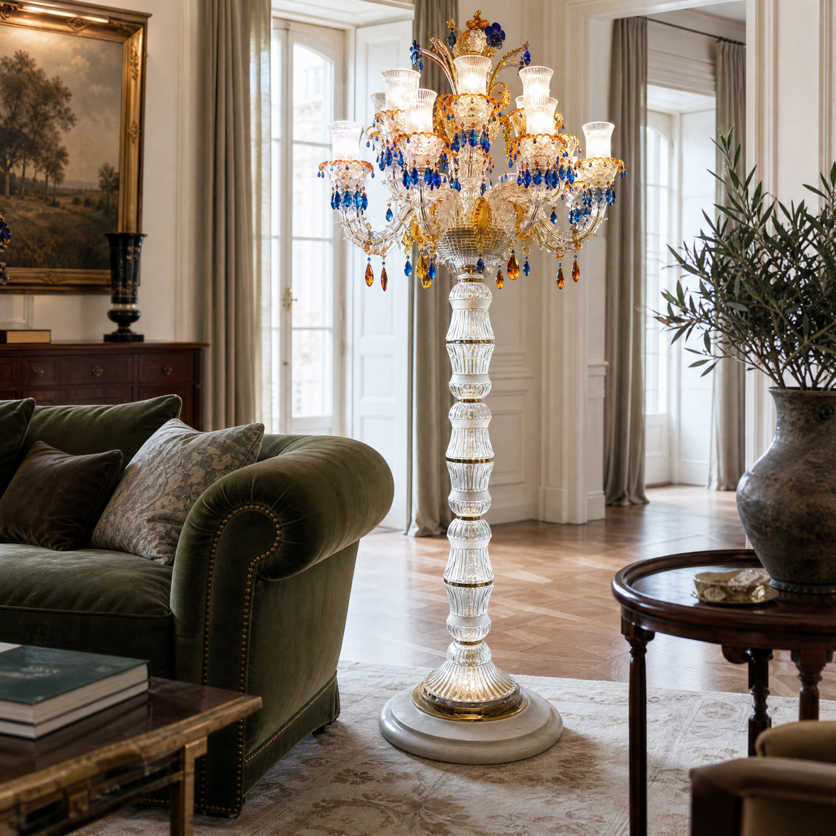 14-Light Blue Amber Floral Glass Floor Lamp