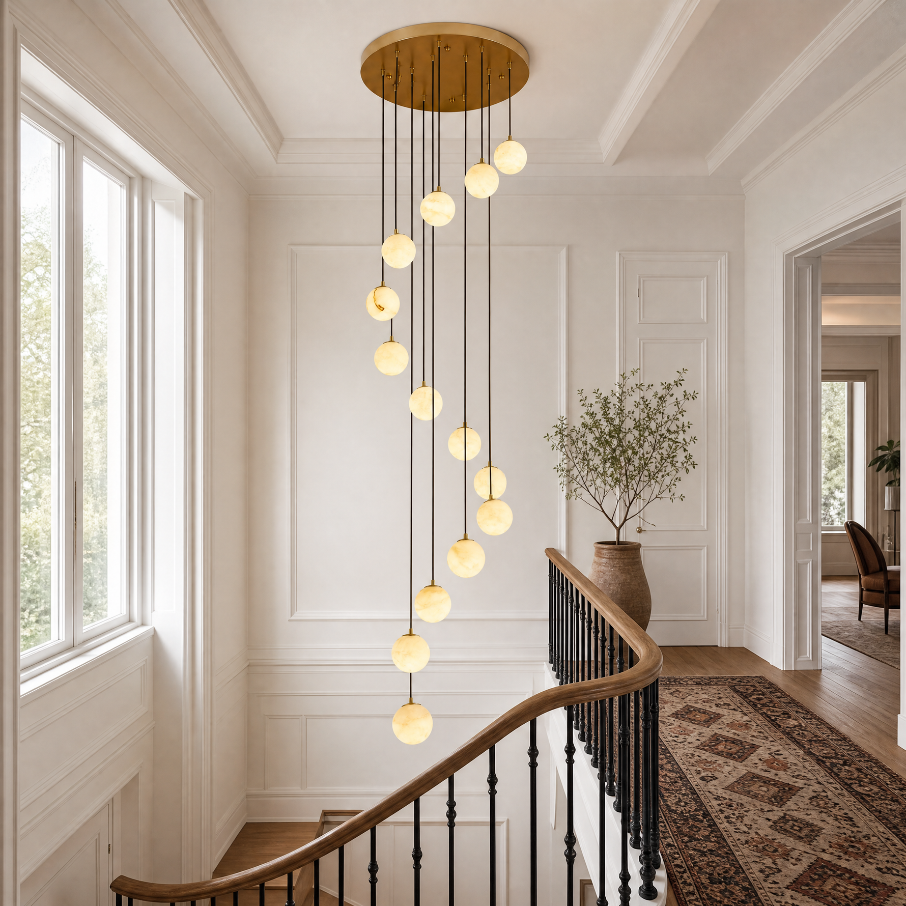 14-Light Gold Natural Alabaster Staircase Chandelier