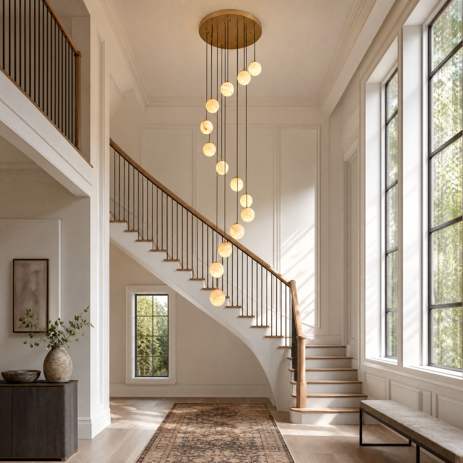 14-Light Gold Natural Alabaster Staircase Chandelier