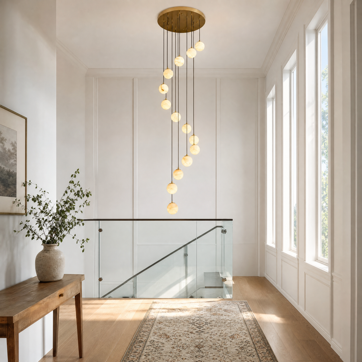 14-Light Gold Natural Alabaster Staircase Chandelier
