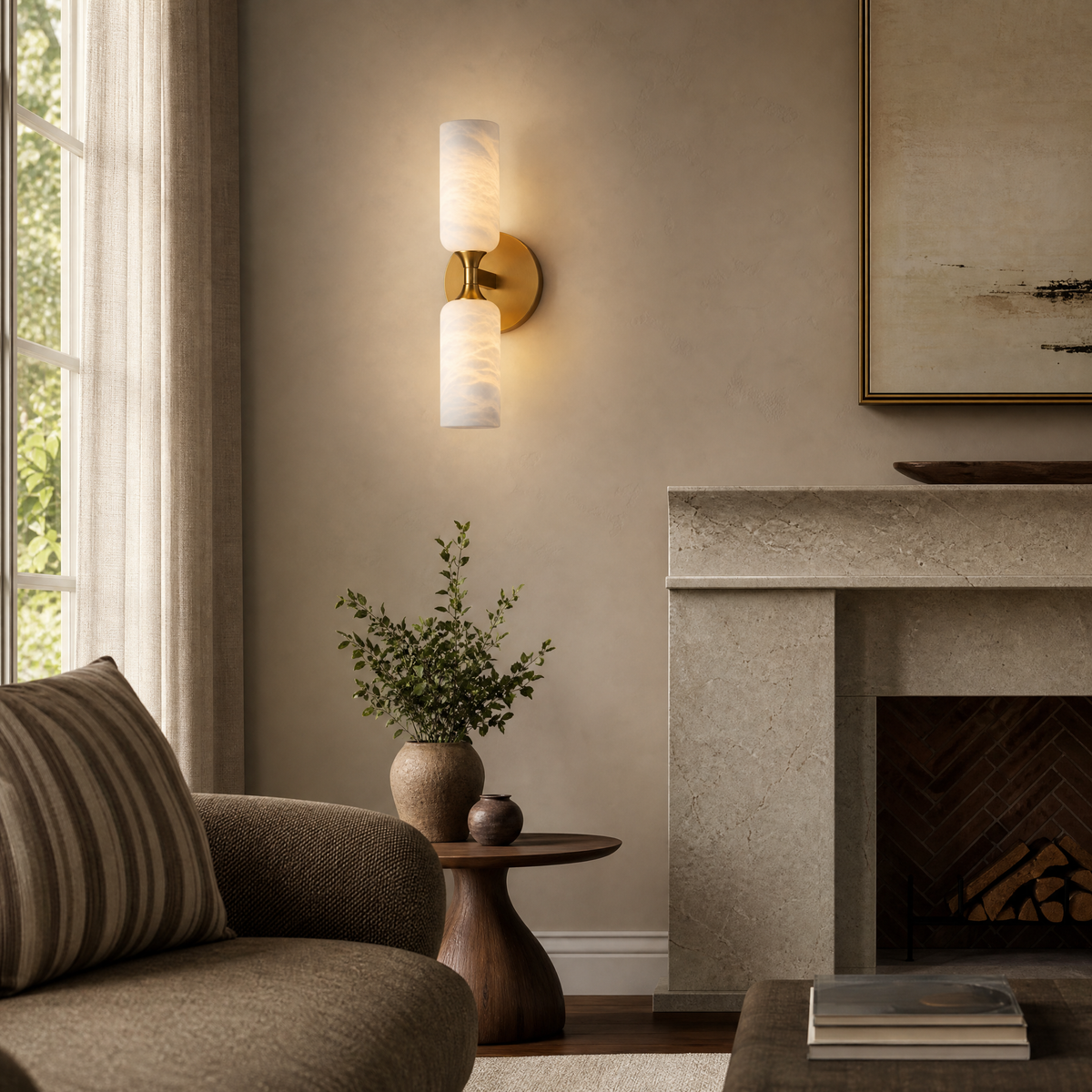 14'' Modern Spanish Alabaster and Brass Wall Sconce