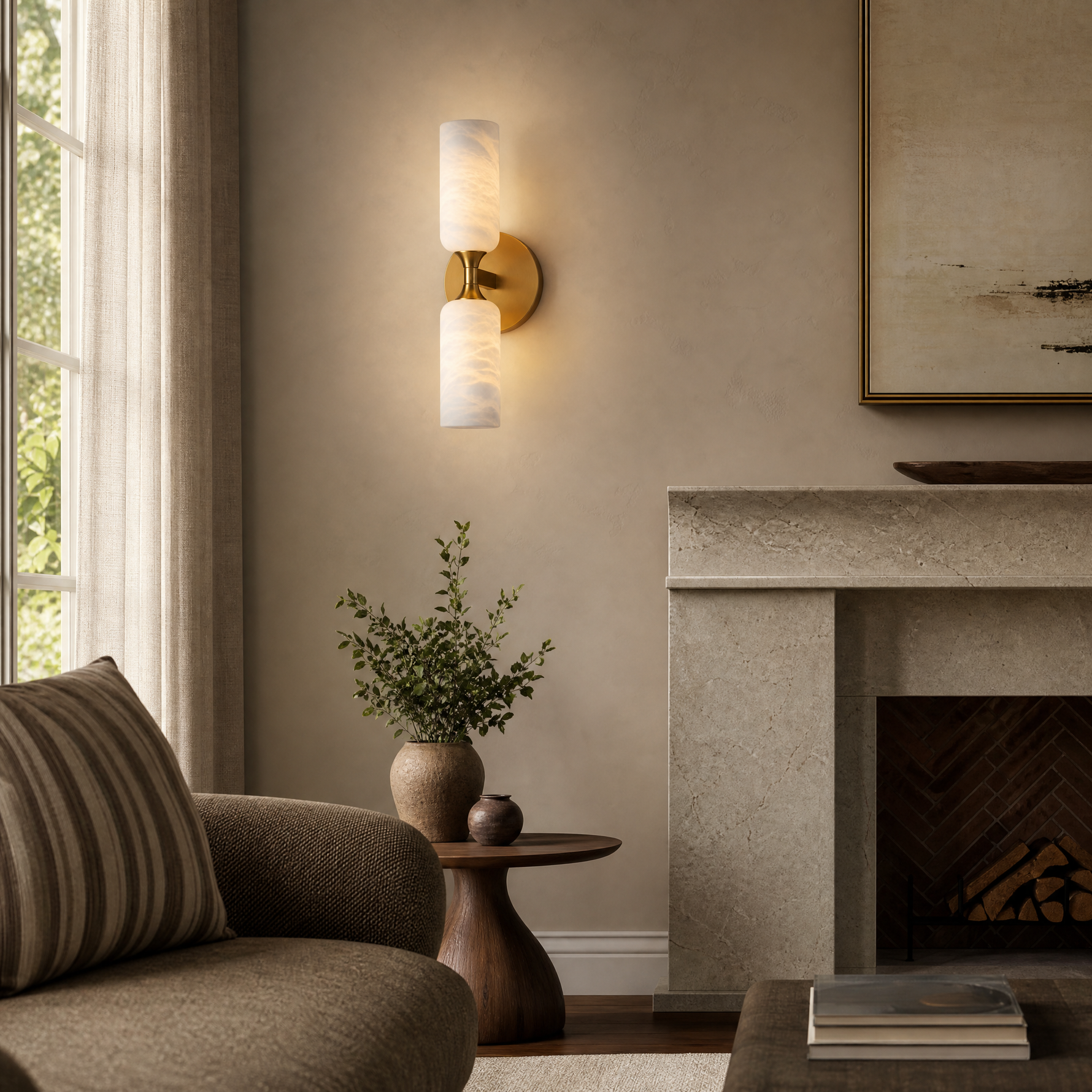14'' Modern Spanish Alabaster and Brass Wall Sconce