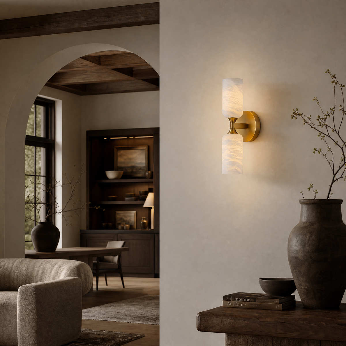 14'' Modern Spanish Alabaster and Brass Wall Sconce