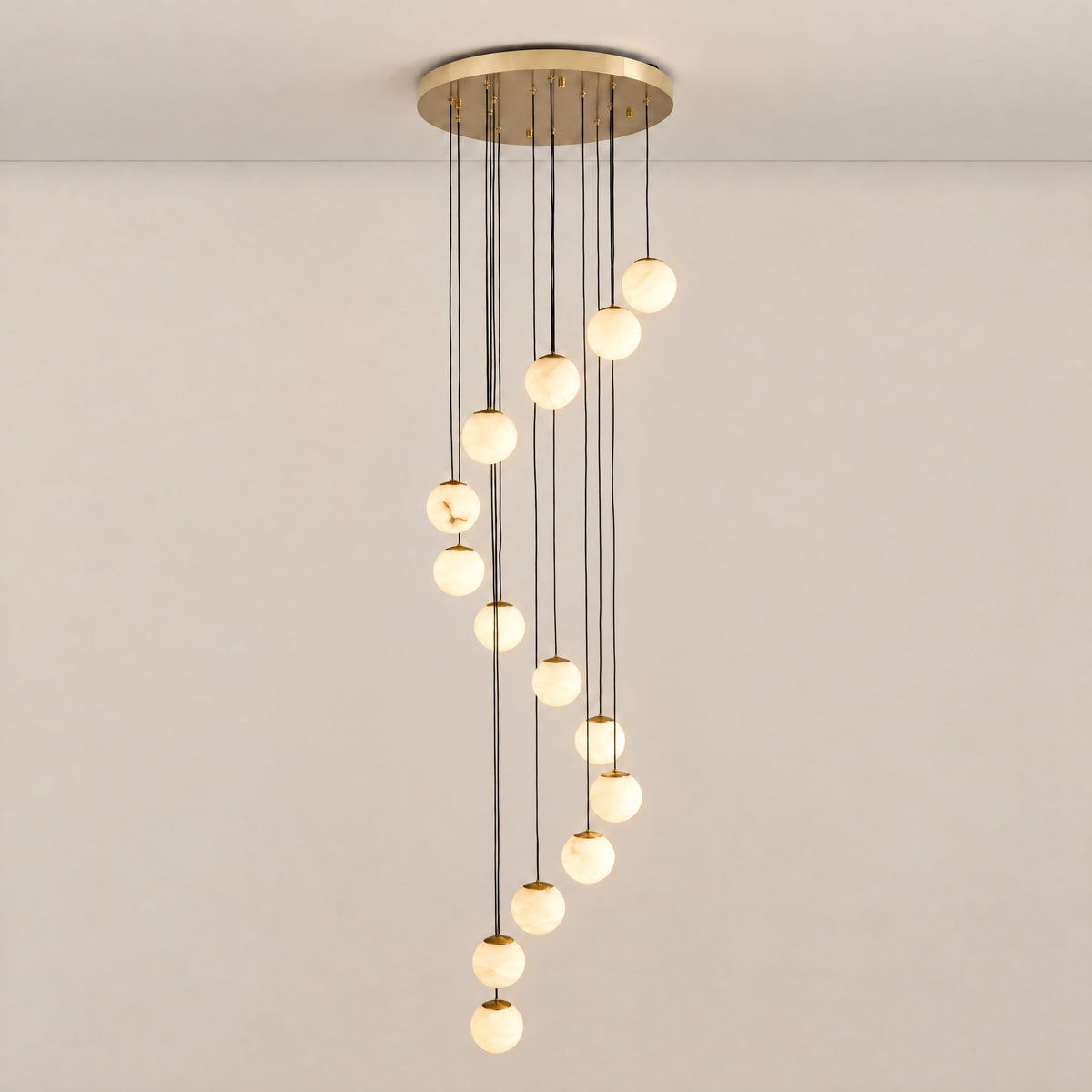 14-Light Gold Natural Alabaster Staircase Chandelier – lights on