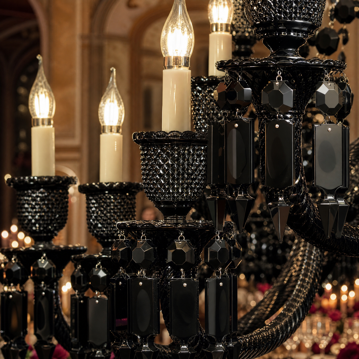 18-Light Black Tiered Candle Glass Chandelier