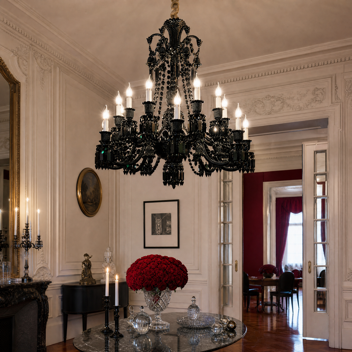 18-Light Black Tiered Candle Glass Chandelier