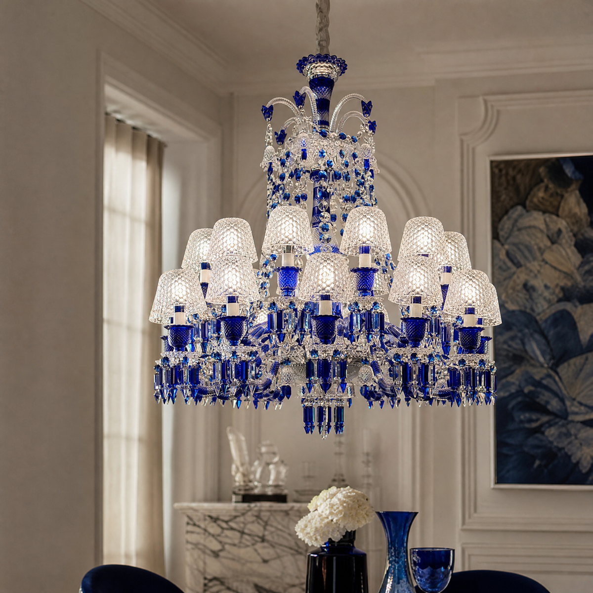 18-Light Blue Two-Tier Textured Glass Chandelier