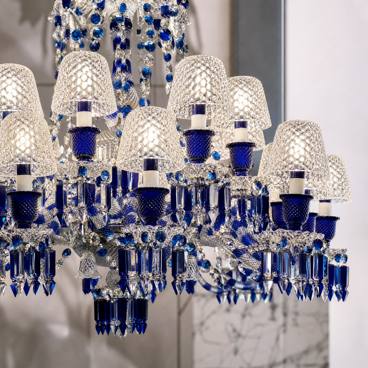 18-Light Blue Two-Tier Textured Glass Chandelier