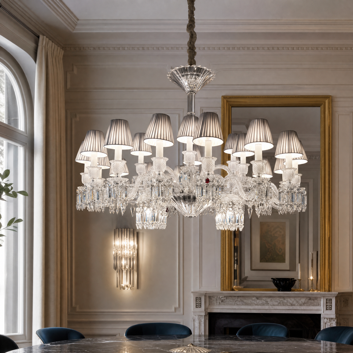 18-Light Tiered Crystal Prism Fabric Shade Chandelier