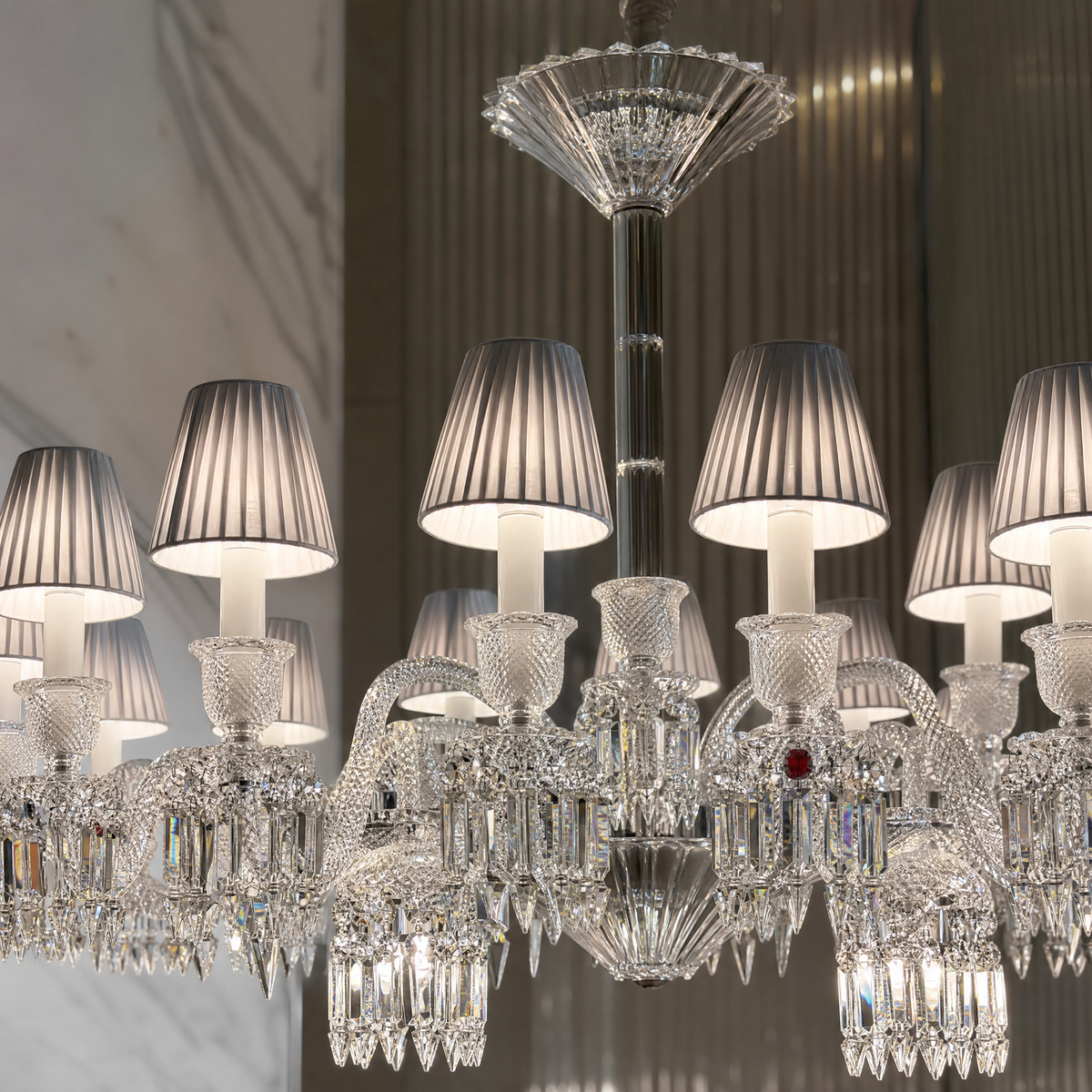 18-Light Tiered Crystal Prism Fabric Shade Chandelier