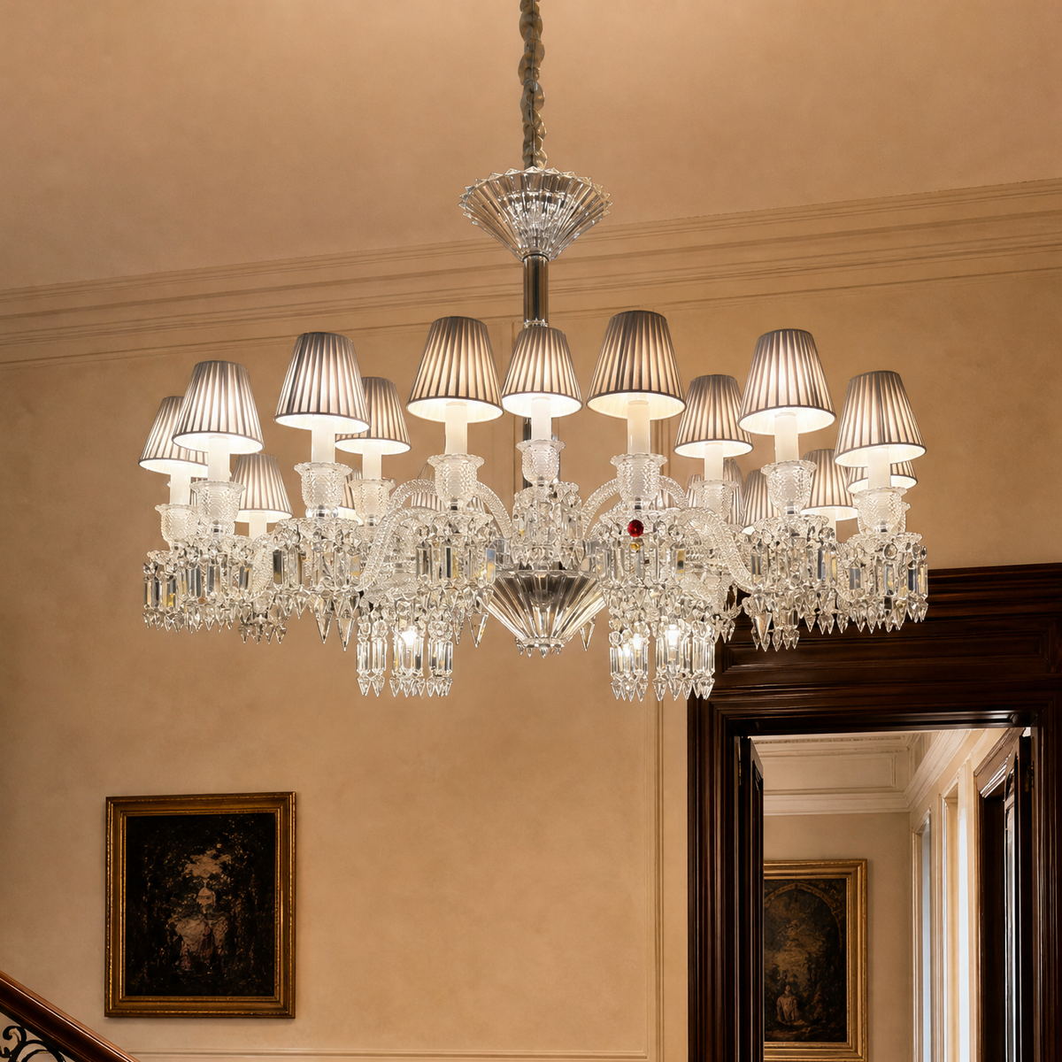 18-Light Tiered Crystal Prism Fabric Shade Chandelier