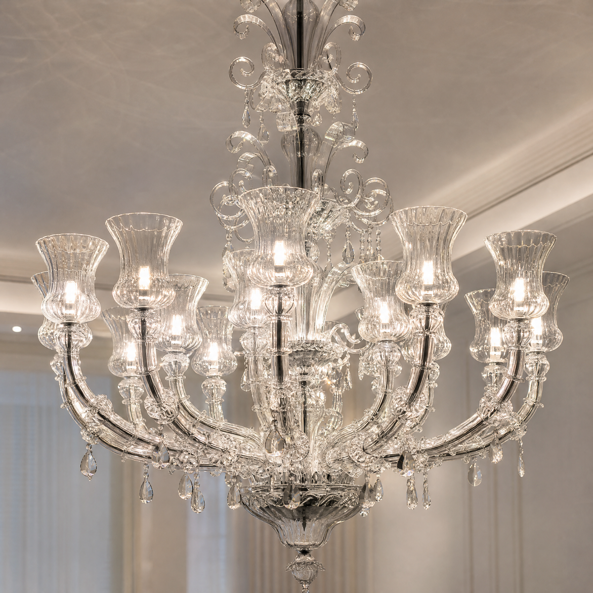 18-Light Tiered Fluted Glass Crystal Chandelier