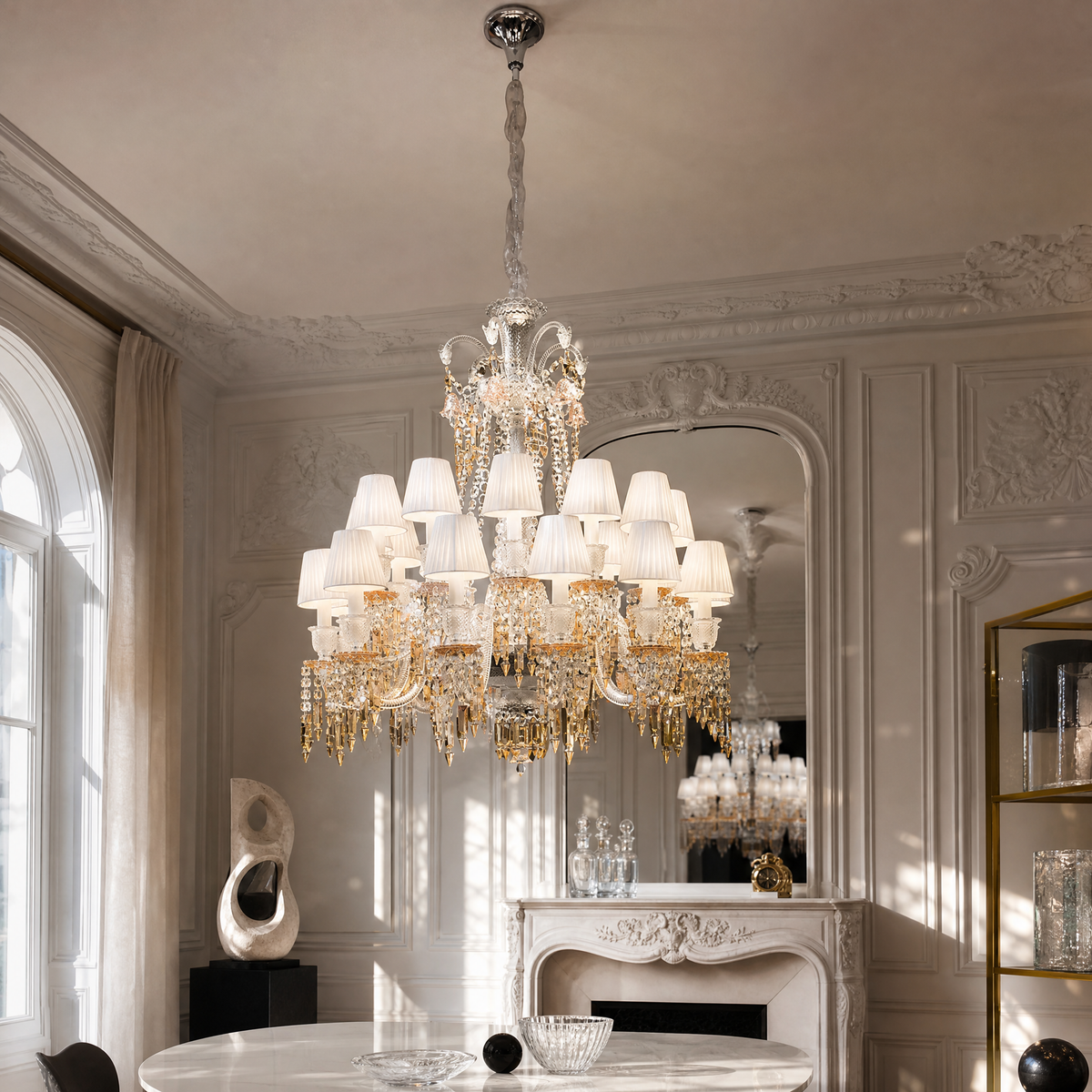 18-Light Tiered Pleated Shade Amber Crystal Chandelier