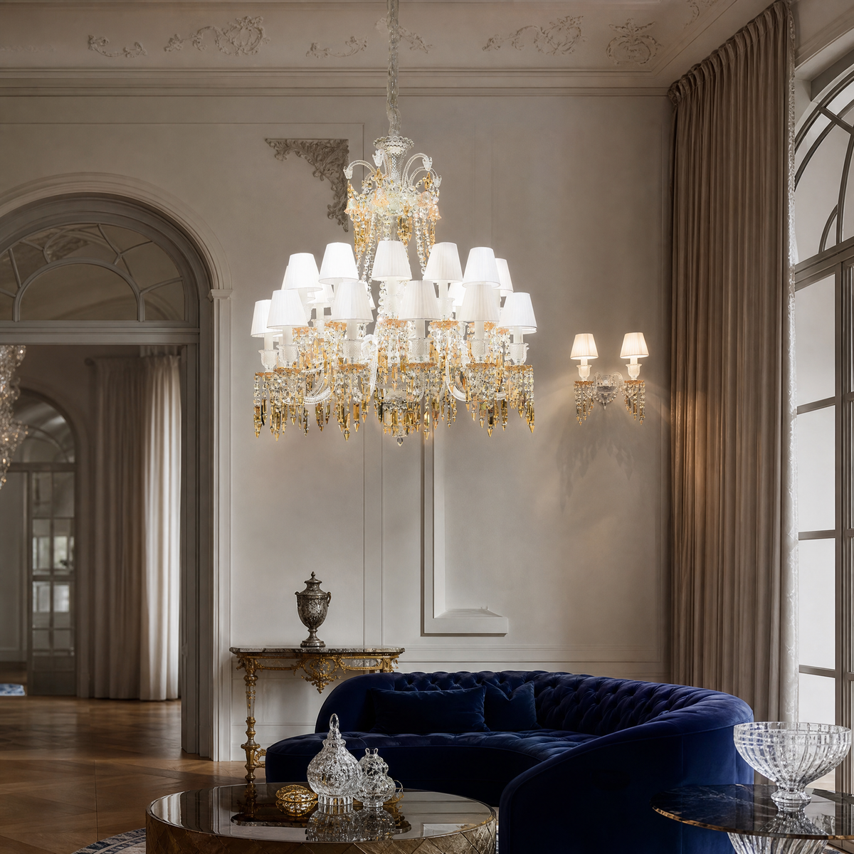 18-Light Tiered Pleated Shade Amber Crystal Chandelier