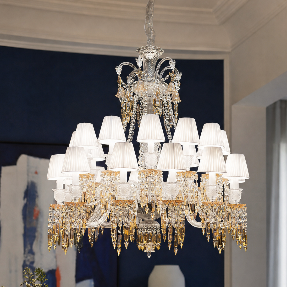 18-Light Tiered Pleated Shade Amber Crystal Chandelier