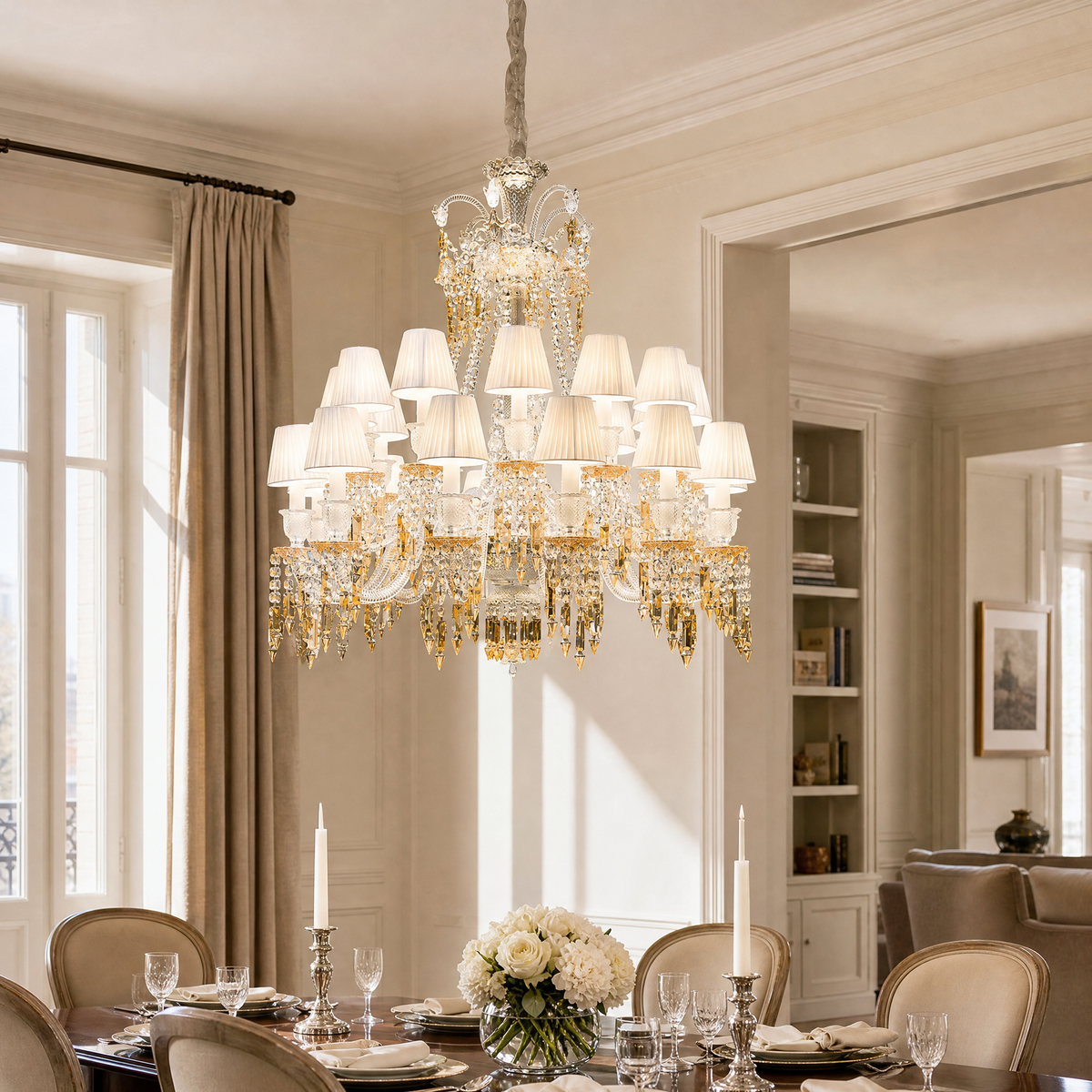 18-Light Tiered Pleated Shade Amber Crystal Chandelier