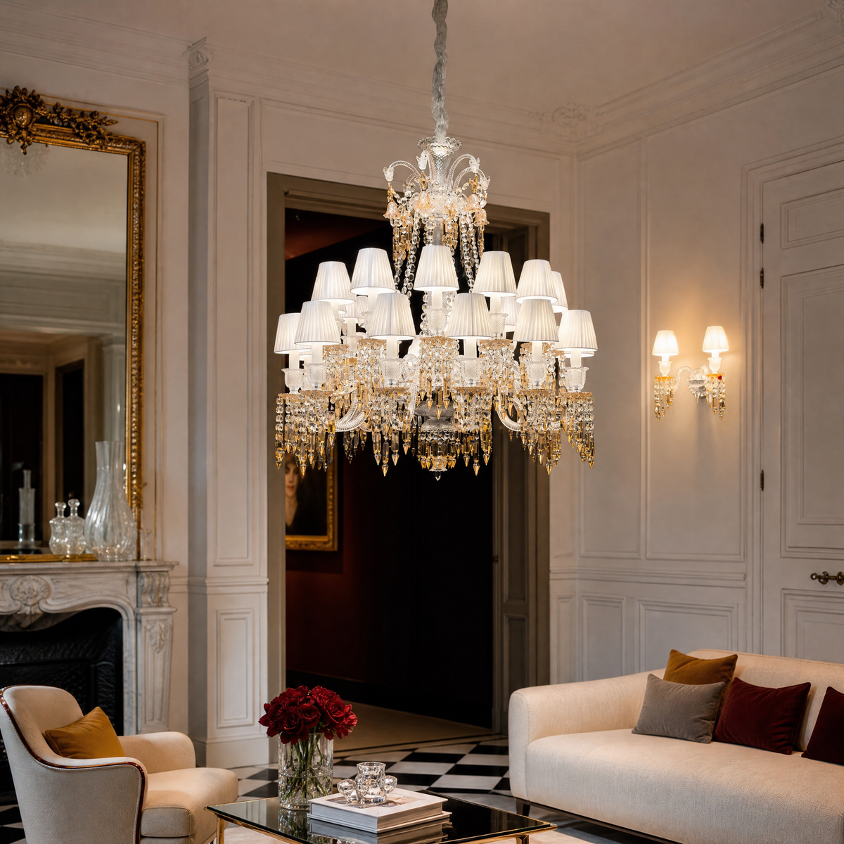18-Light Tiered Pleated Shade Amber Crystal Chandelier