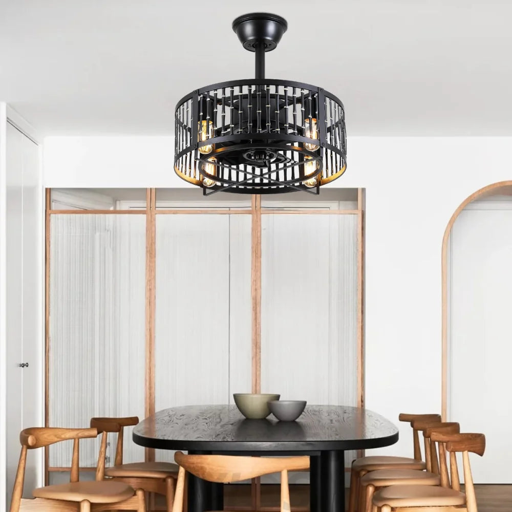 18-Inch Modern Black Caged Ceiling Fan with Remote Control ceiling light