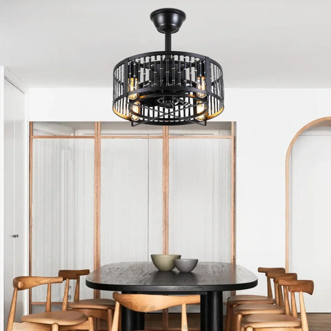 18-Inch Modern Black Caged Ceiling Fan with Remote Control ceiling light