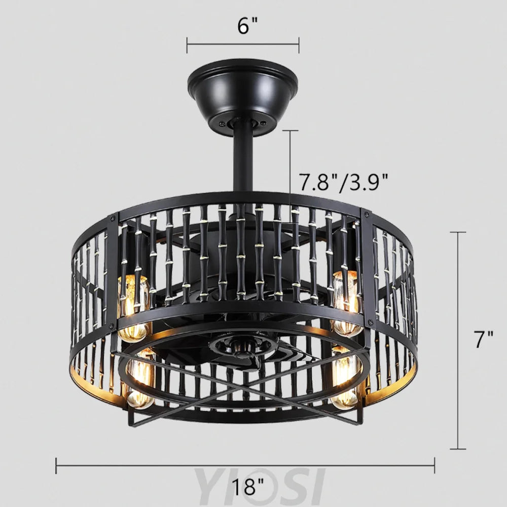 18-Inch Modern Black Caged Ceiling Fan with Remote Control ceiling light