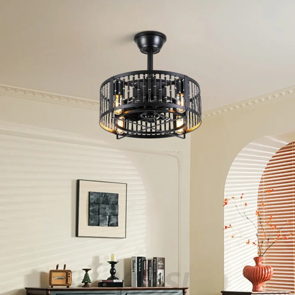 18-Inch Modern Black Caged Ceiling Fan with Remote Control ceiling light