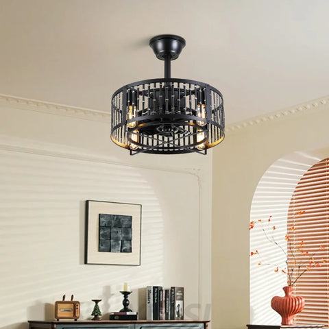18-Inch Modern Black Caged Ceiling Fan with Remote Control ceiling light